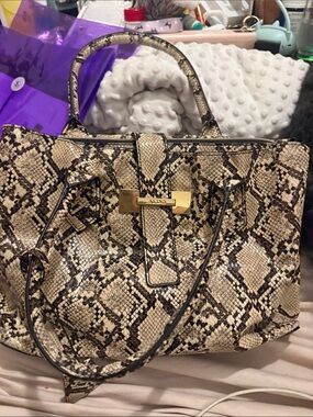 Aldo Beige and Black Snake-Print Satchel